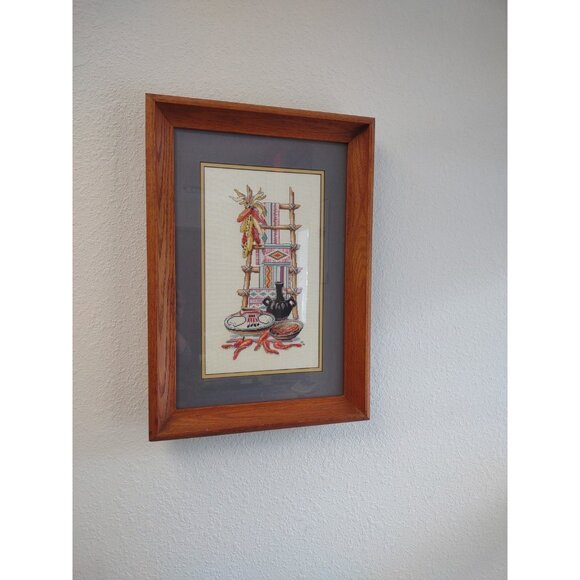 Vintage 1995 Completed Cross Stitch Native American Southwest Frame Wall Hanging - Picture 13 of 16